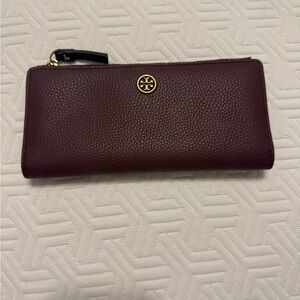 Tory Burch Plum Leather Wallet with Gold Accent